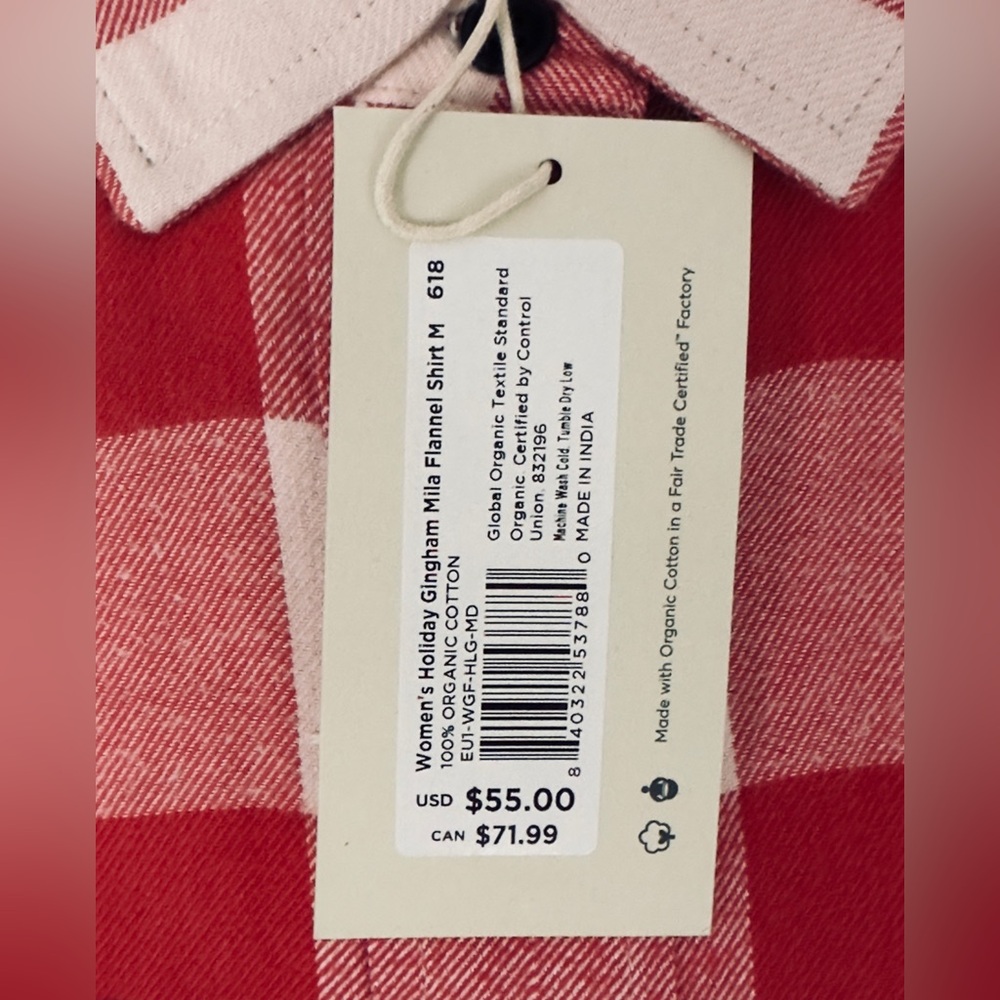 Pact Woman’s Gingham Red & White organic Cotton Mila Button Up Flannel Shirt NWT - Picture 6 of 9